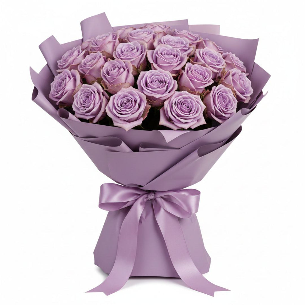 Violet Regards-21 Purple Roses by Black Petals Flowers