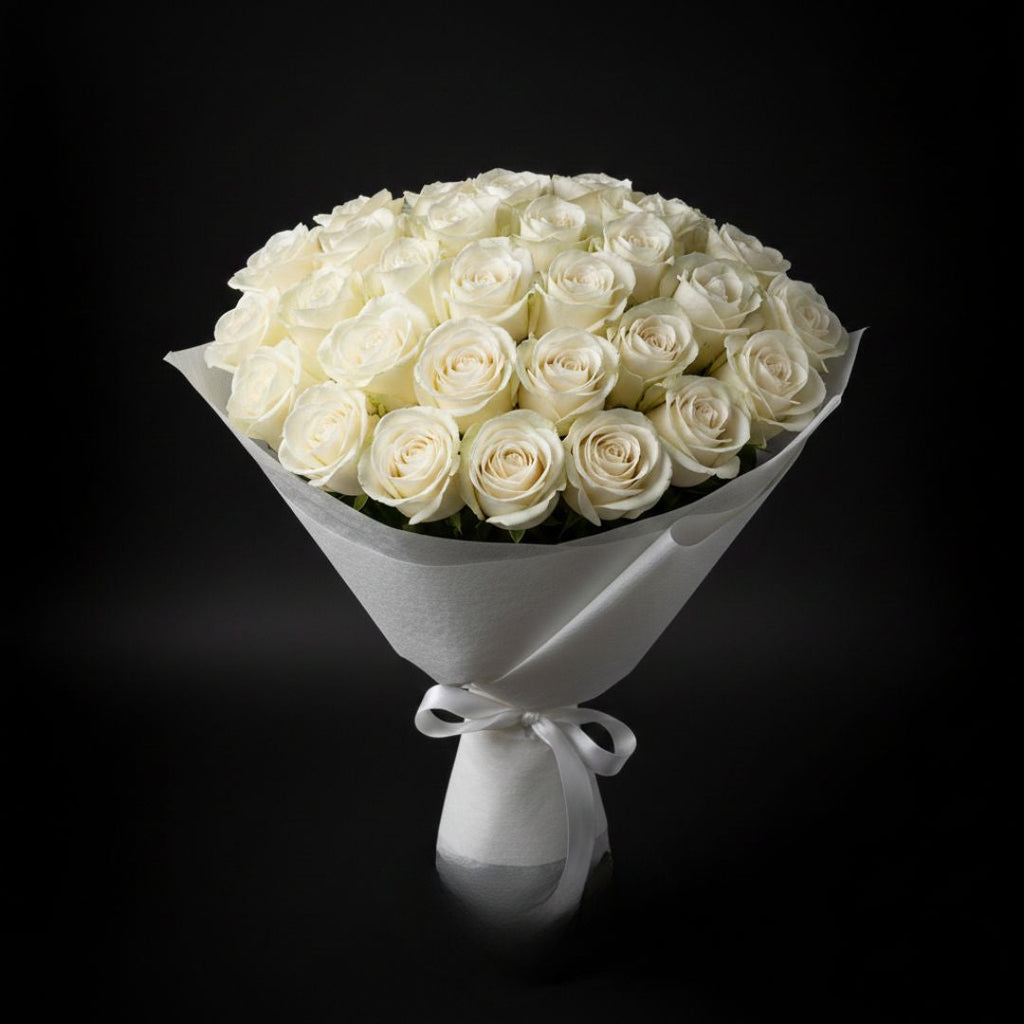 White Bliss Bridal Bouquet of 31 White Roses by Black Petals Flowers