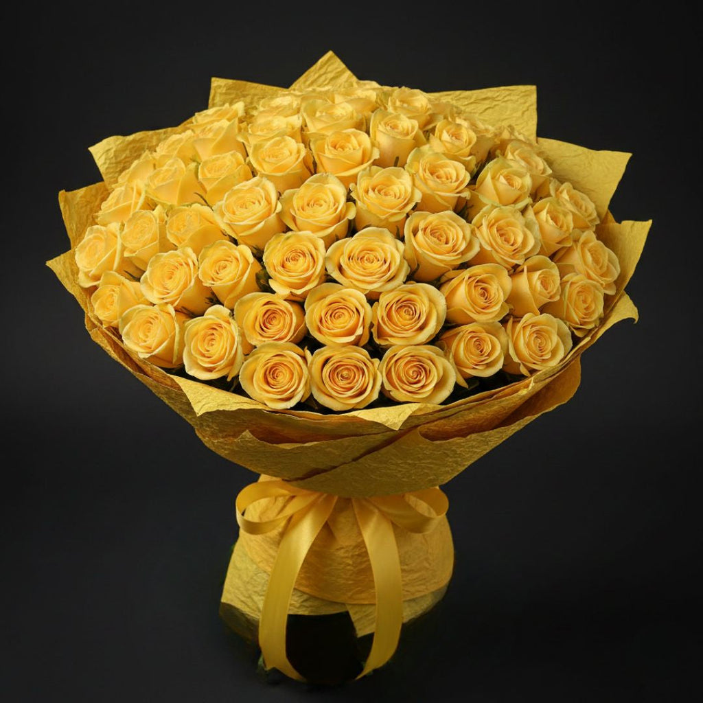 Bloom of Success-101 Yellow Roses by Black Petals Flowers