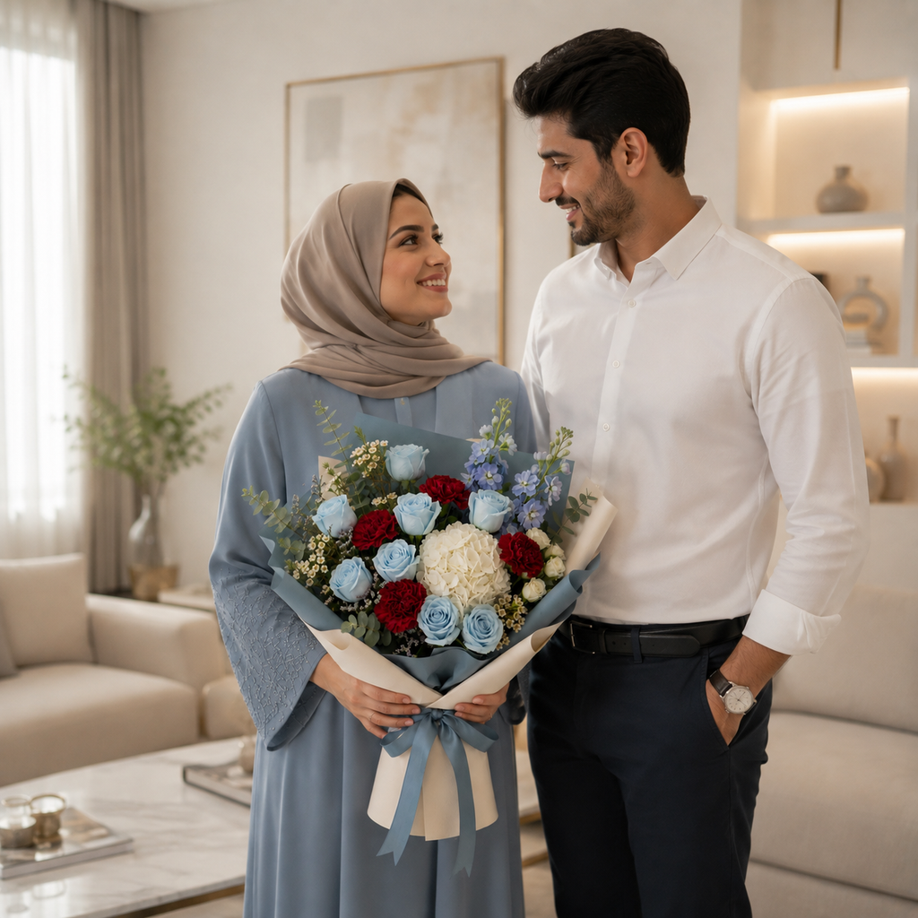 Blue Rose & White Hydrangea Miss You Bouquet
