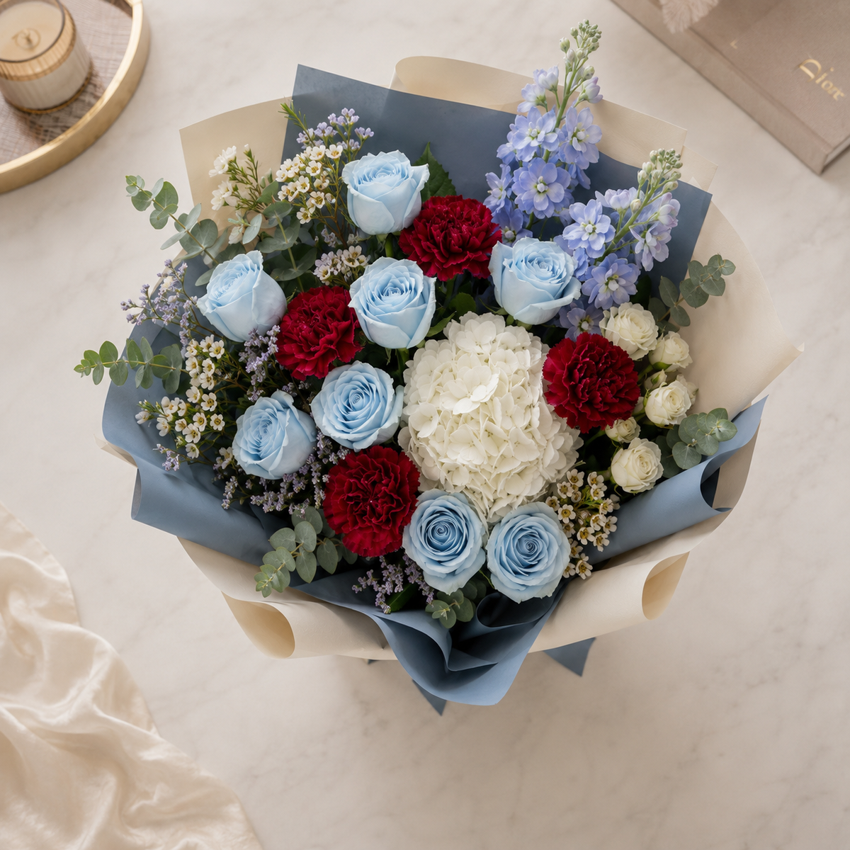 Blue Rose & White Hydrangea Miss You Bouquet