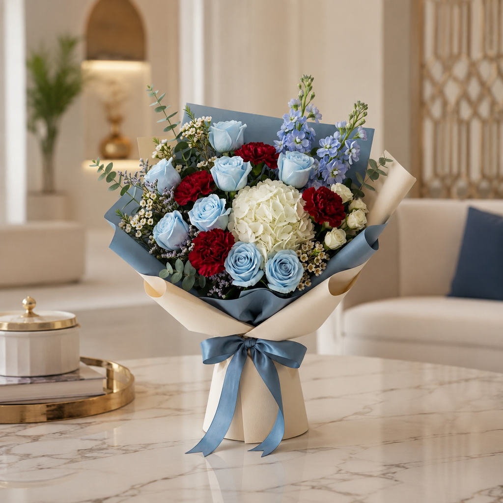 Blue Rose & White Hydrangea Miss You Bouquet