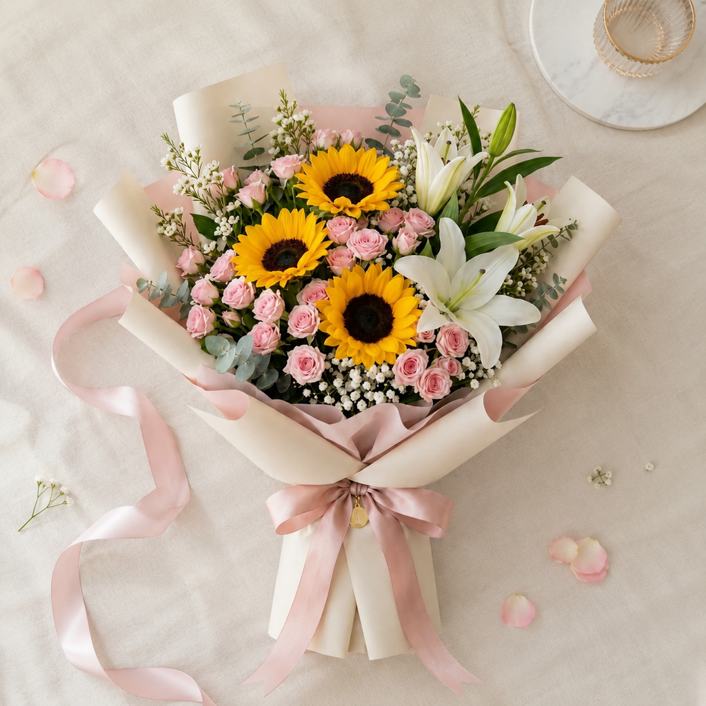 Bright Sunflowers, White Lilies & Baby Roses Sorry Bouquet