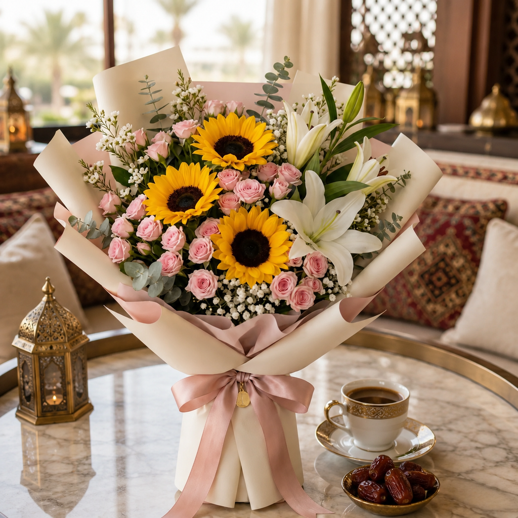 Bright Sunflowers, White Lilies & Baby Roses Sorry Bouquet