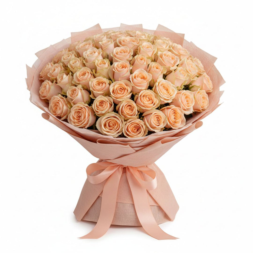 Celebration in Peach-151 Peach Roses by Black Petals Flowers