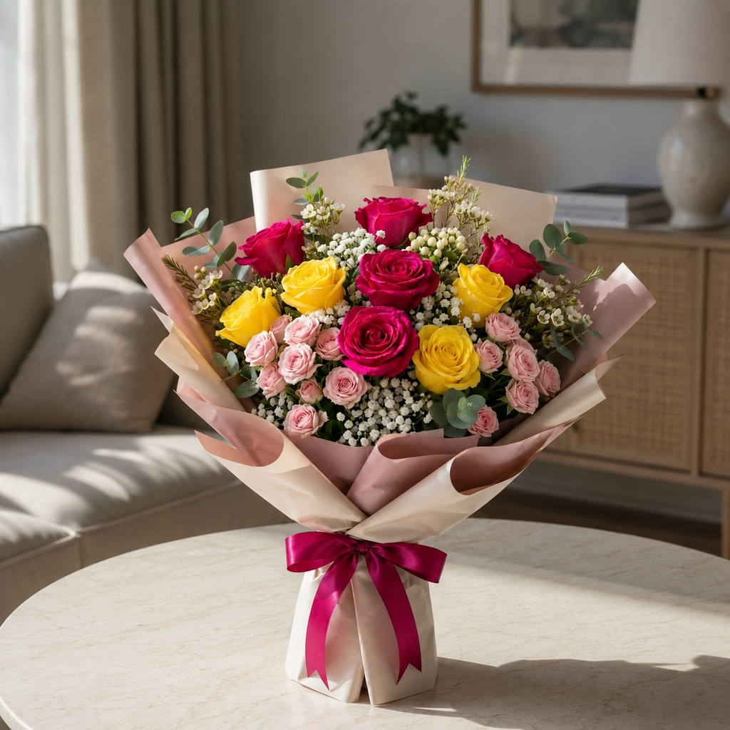 Charming Yellow & Pink Rose Bouquet