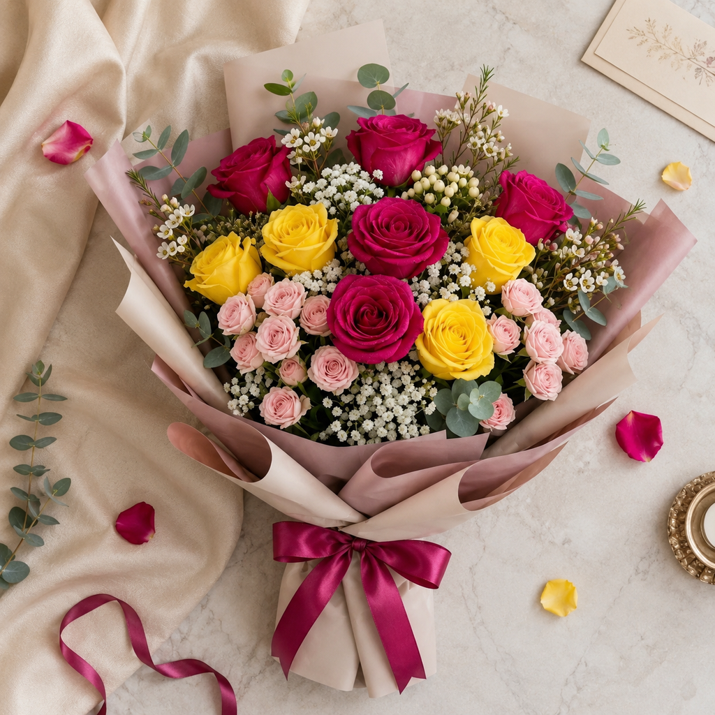 Charming Yellow & Pink Rose Bouquet