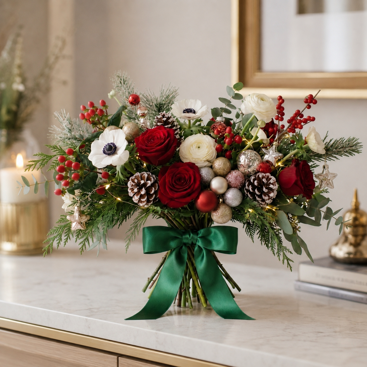 Graceful Christmas White Anemones & Red Rose Floral Arrangement