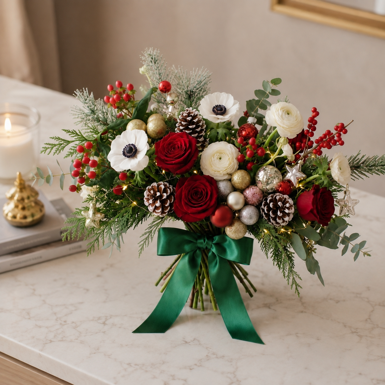 Graceful Christmas White Anemones & Red Rose Floral Arrangement