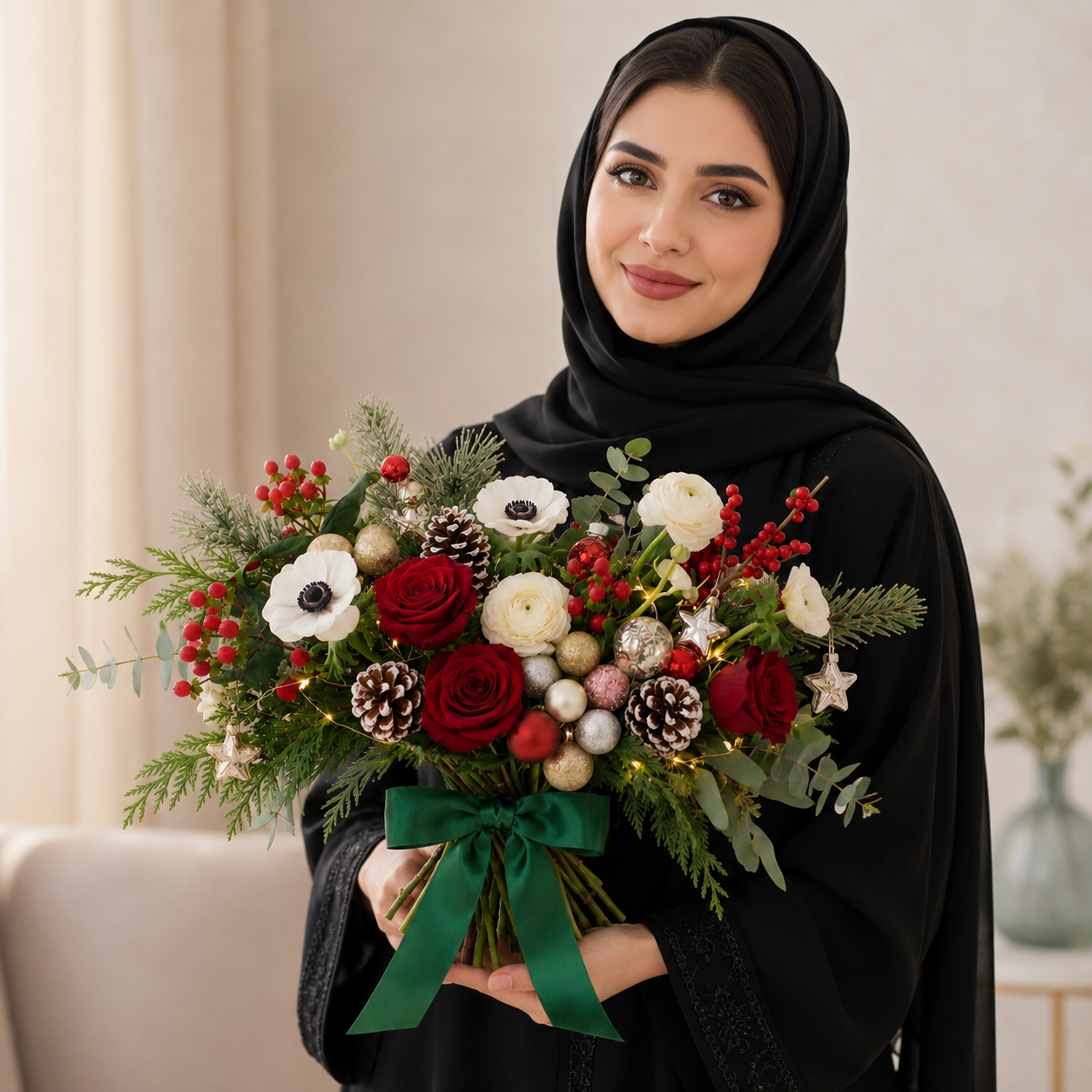 Graceful Christmas White Anemones & Red Rose Floral Arrangement