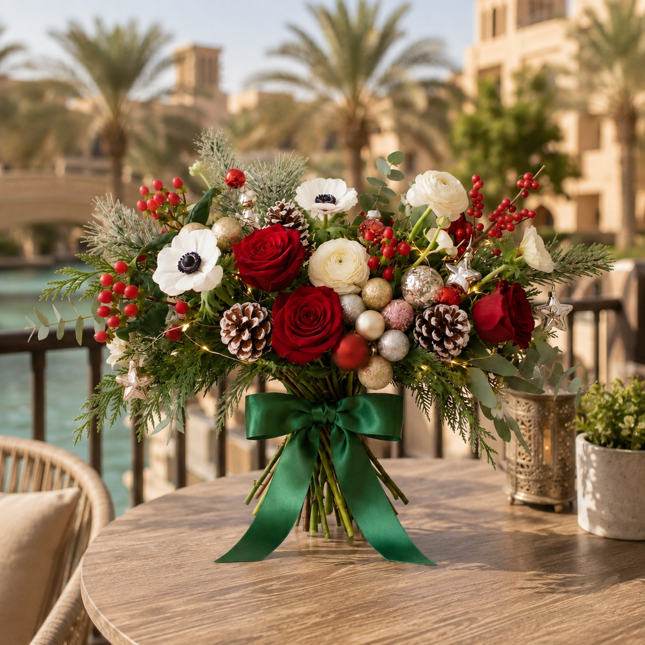 Graceful Christmas White Anemones & Red Rose Floral Arrangement