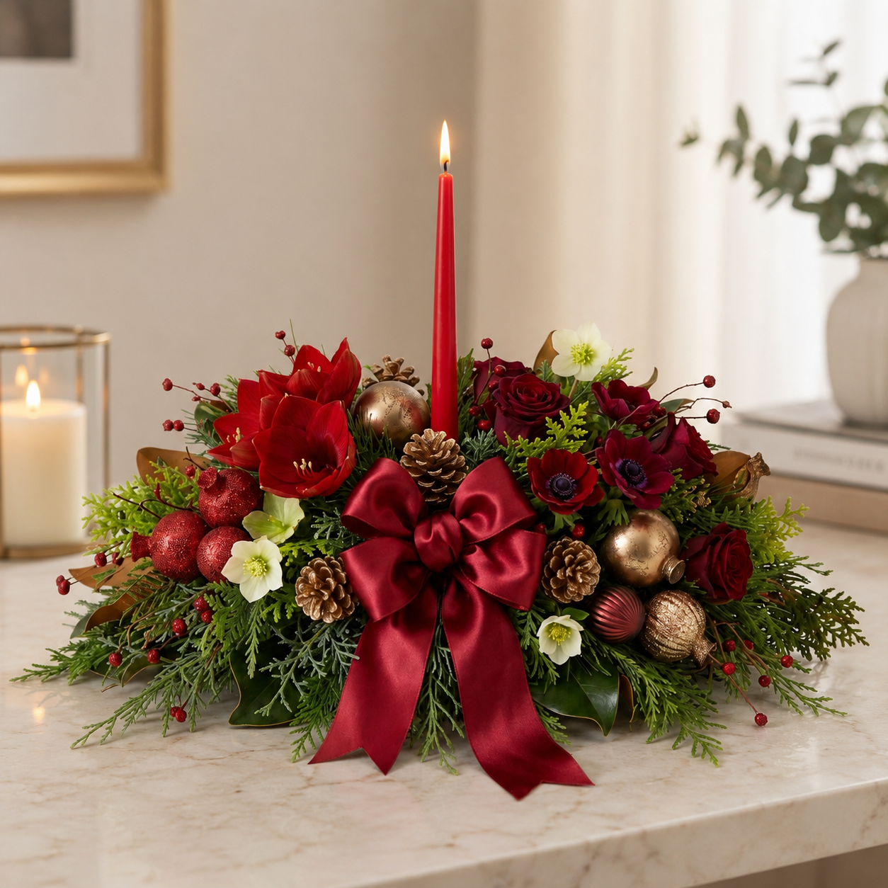 Radiant Christmas Floral Arrangement with Red Taper Candle