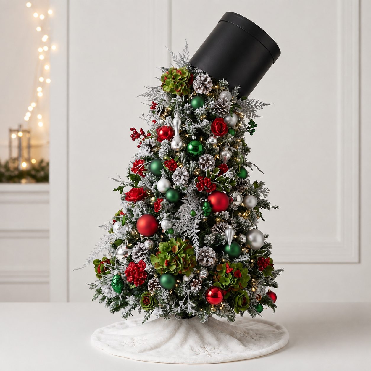 Magical Snow-Flocked Christmas Tree with Festive Top Hat