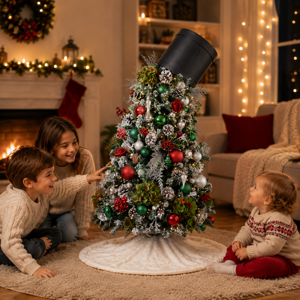 Magical Snow-Flocked Christmas Tree with Festive Top Hat