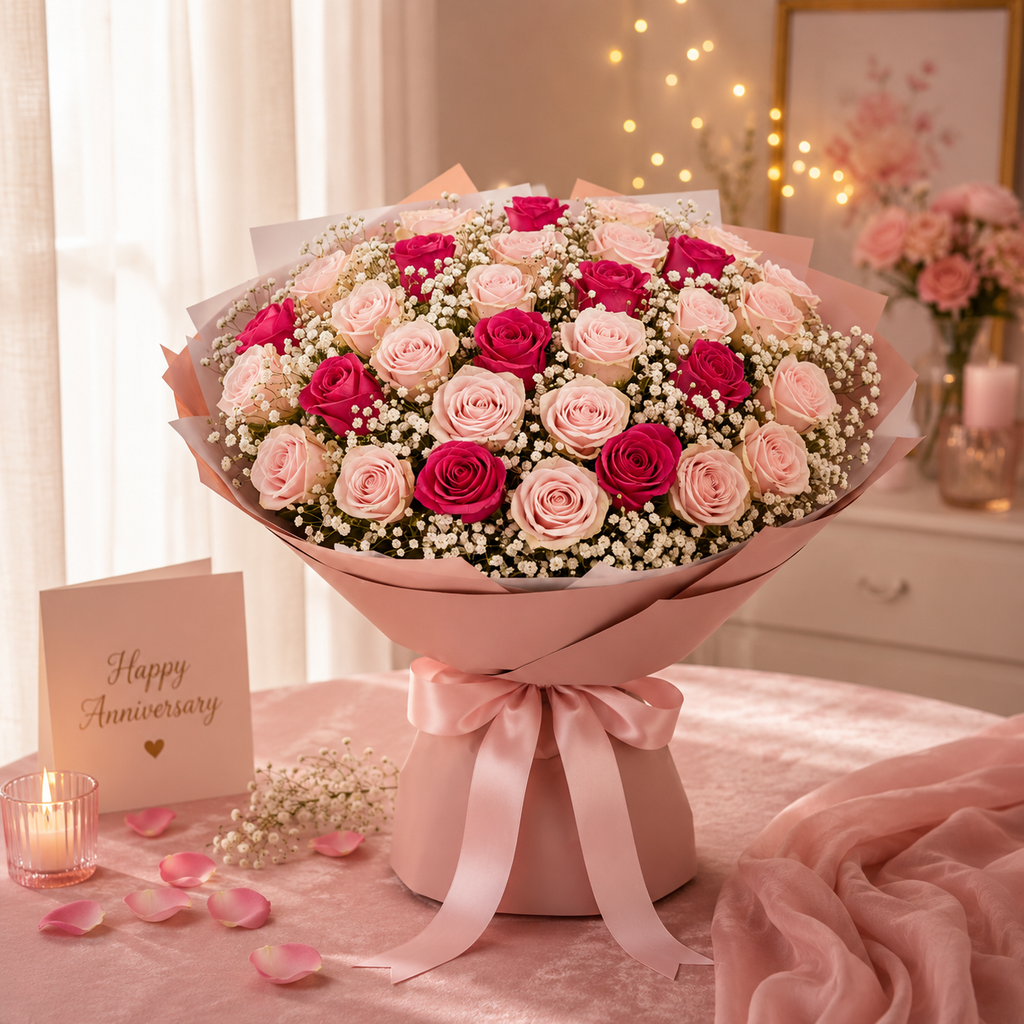 Blushing Promise – Pink Roses Anniversary Bouquet