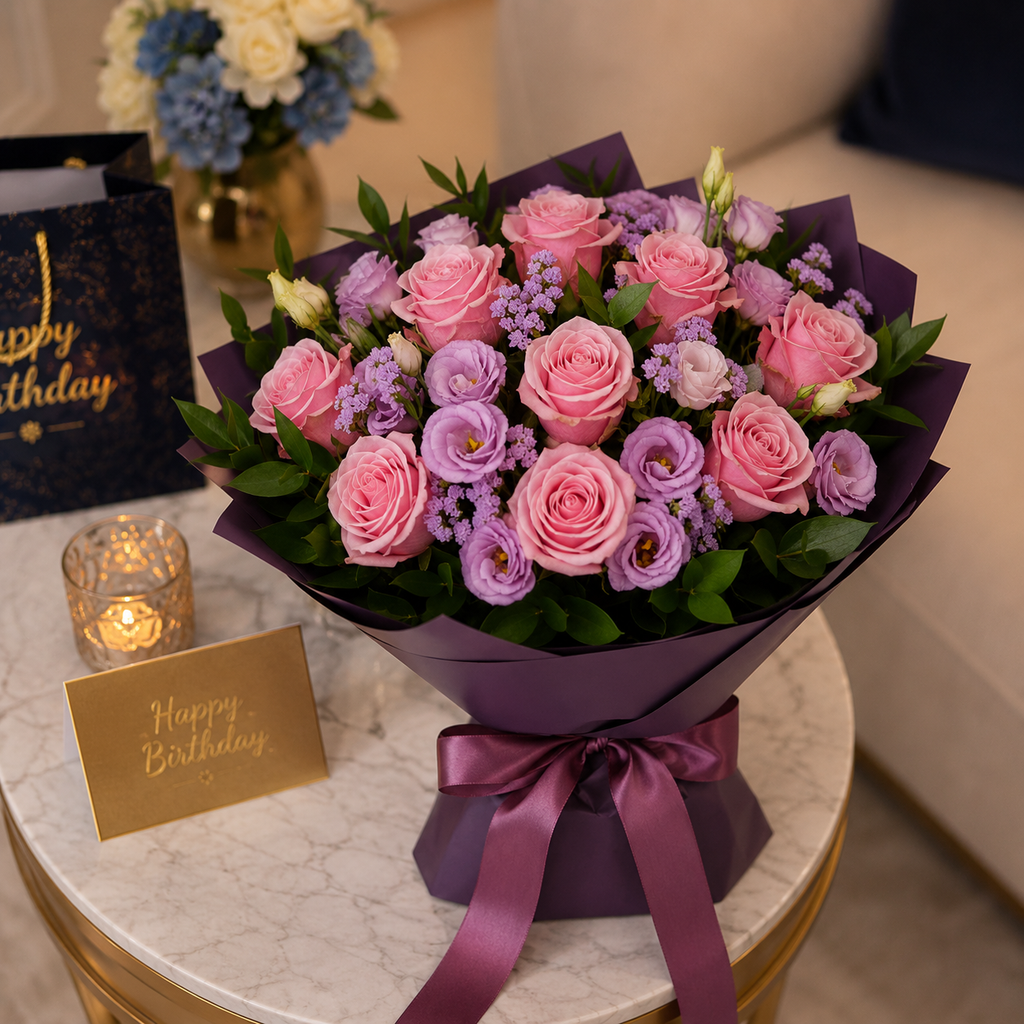 Blush & Bloom – Pink Roses and Eustomas Birthday Flowers