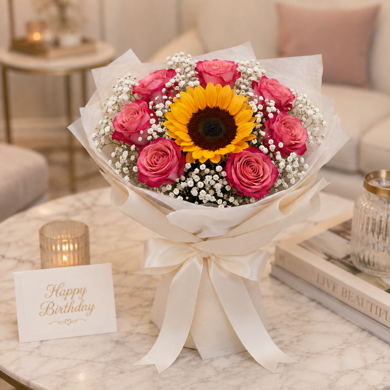 Sun-Kissed Elegance – Sunflower & Jumelia Roses Birthday Bouquet