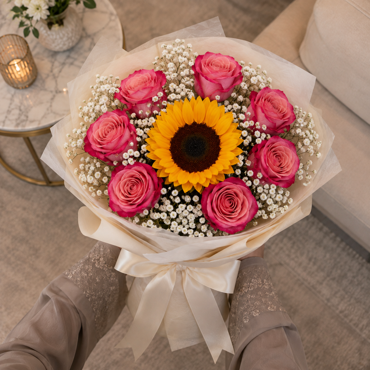 Sun-Kissed Elegance – Sunflower & Jumelia Roses Birthday Bouquet