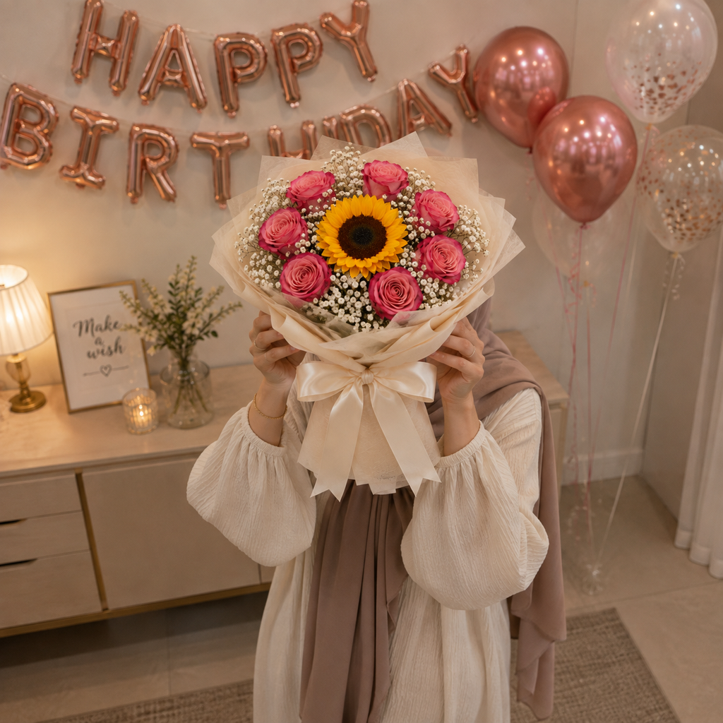 Sun-Kissed Elegance – Sunflower & Jumelia Roses Birthday Bouquet