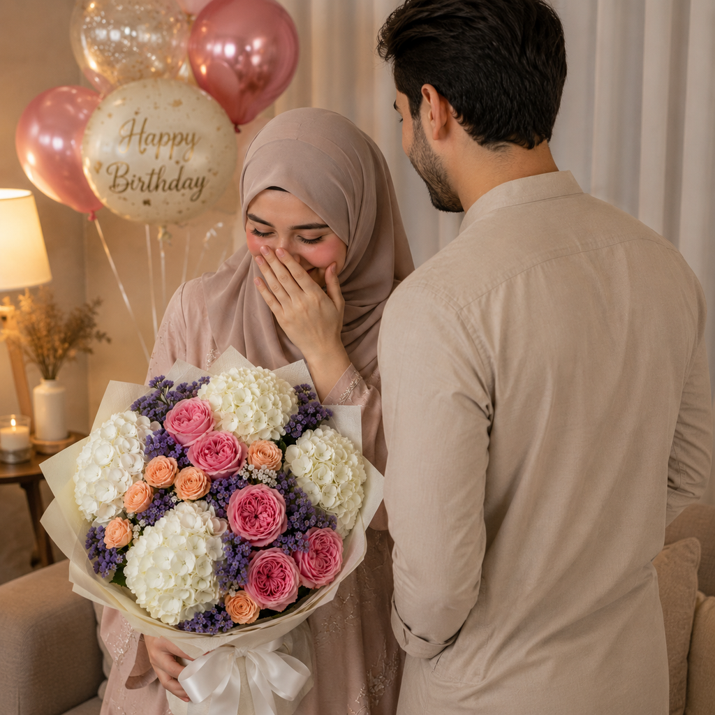 Sweet Whispers- Hydrangea & Roses Birthday Bouquet