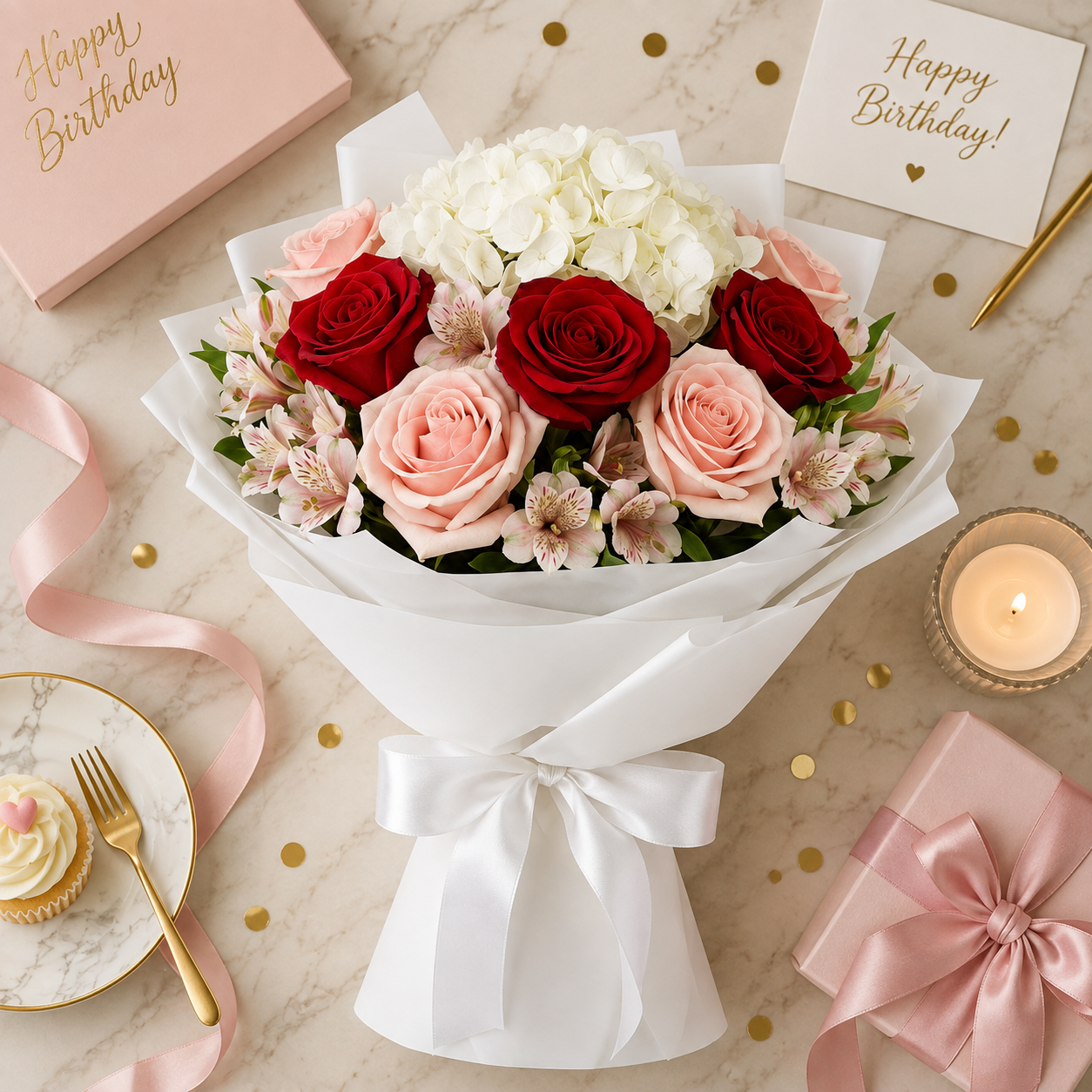 Delicate Charm – Roses & Hydrangea Birthday Bouquet