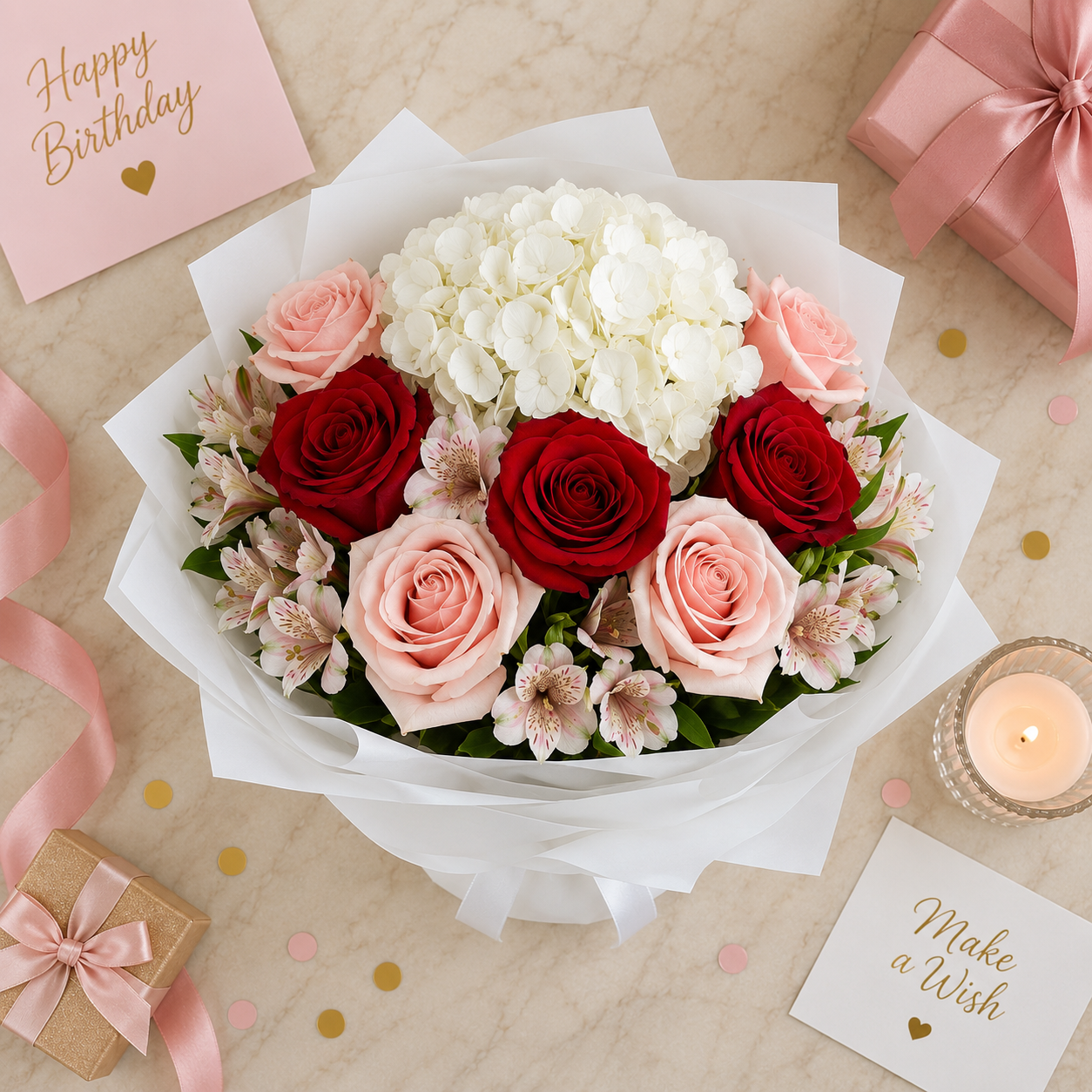 Delicate Charm – Roses & Hydrangea Birthday Bouquet