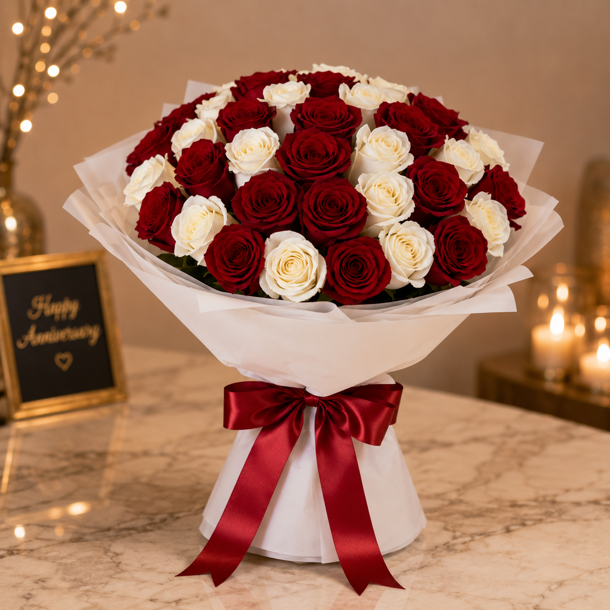 Classic Romance – Red & White Roses Bouquet for Anniversary