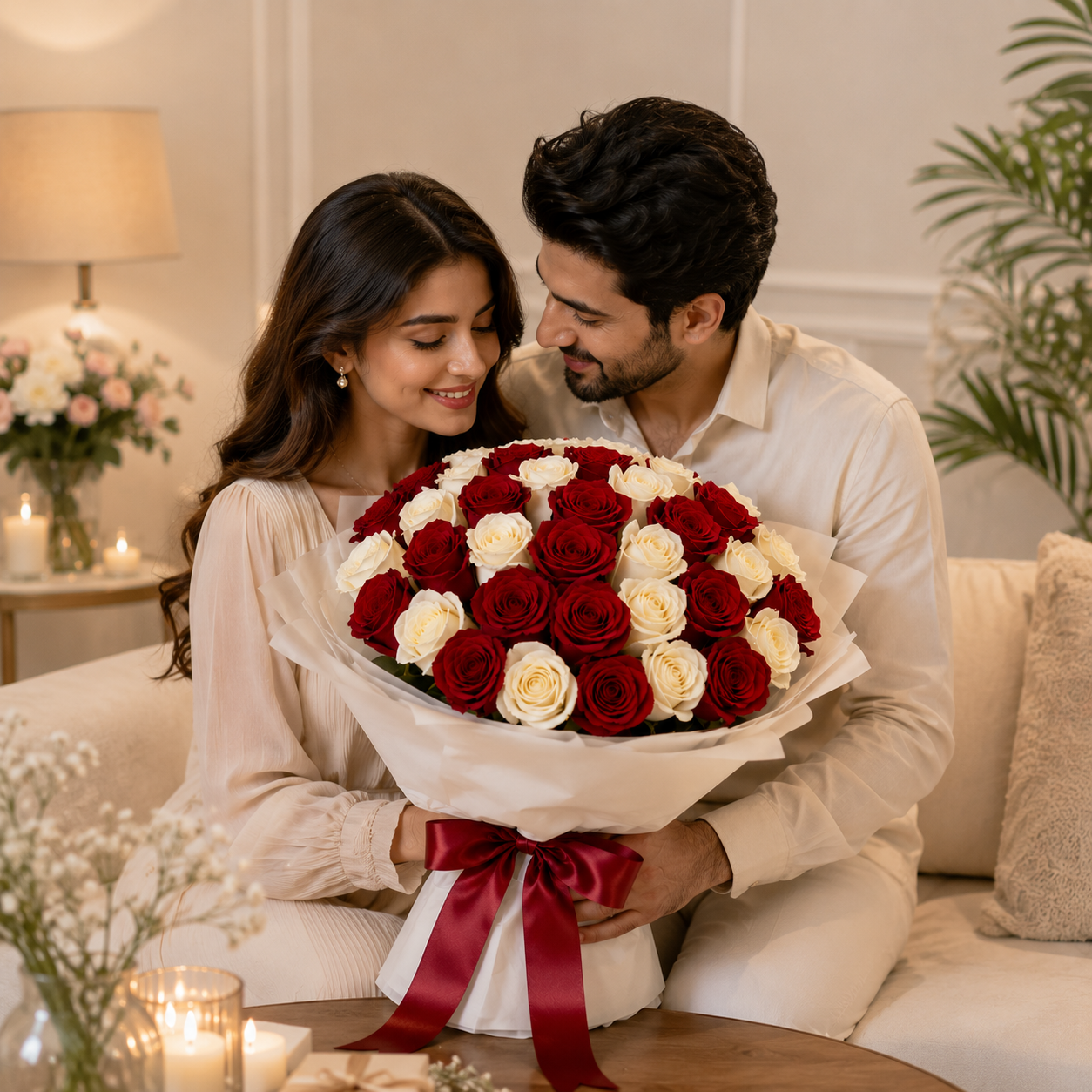 Classic Romance – Red & White Roses Bouquet for Anniversary