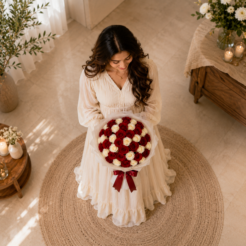 Classic Romance – Red & White Roses Bouquet for Anniversary