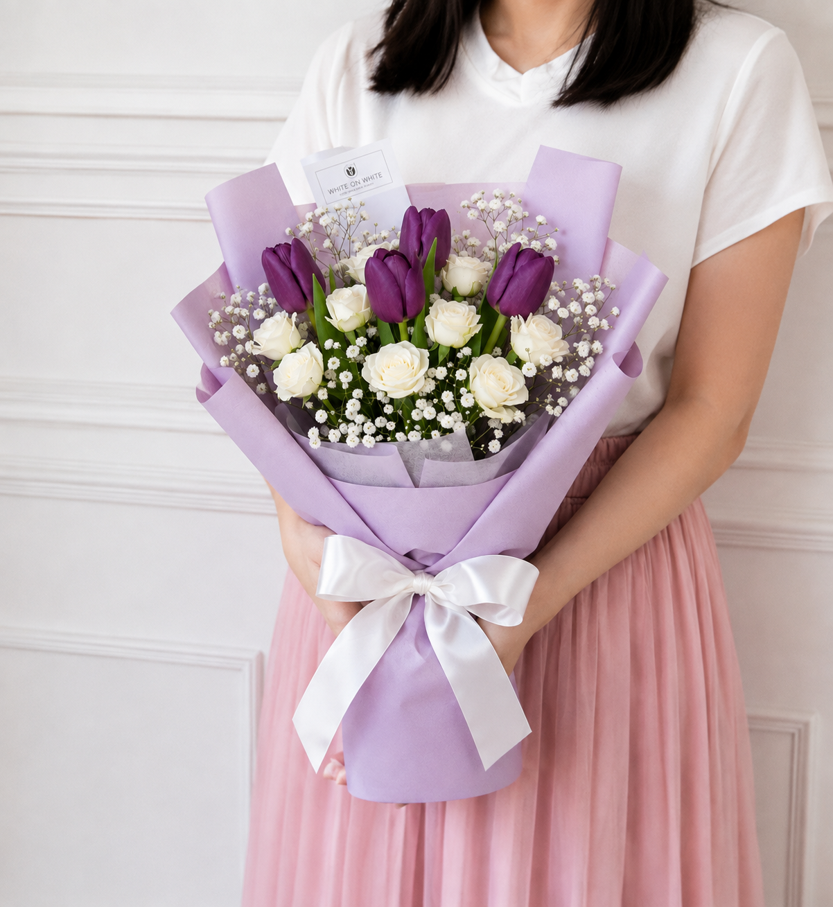 Lavender Dreams – Purple Tulips & White Roses Birthday Bouquet