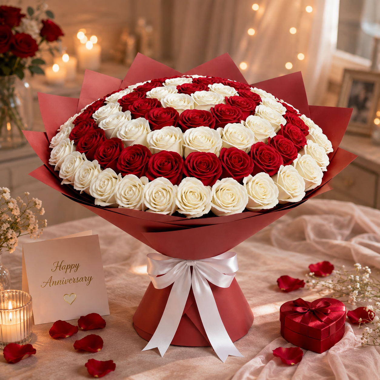 Sacred Love – White & Red Roses Anniversary Bouquet
