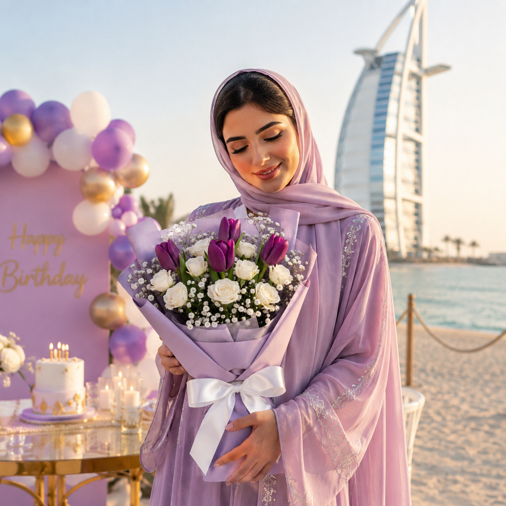 Lavender Dreams – Purple Tulips & White Roses Birthday Bouquet