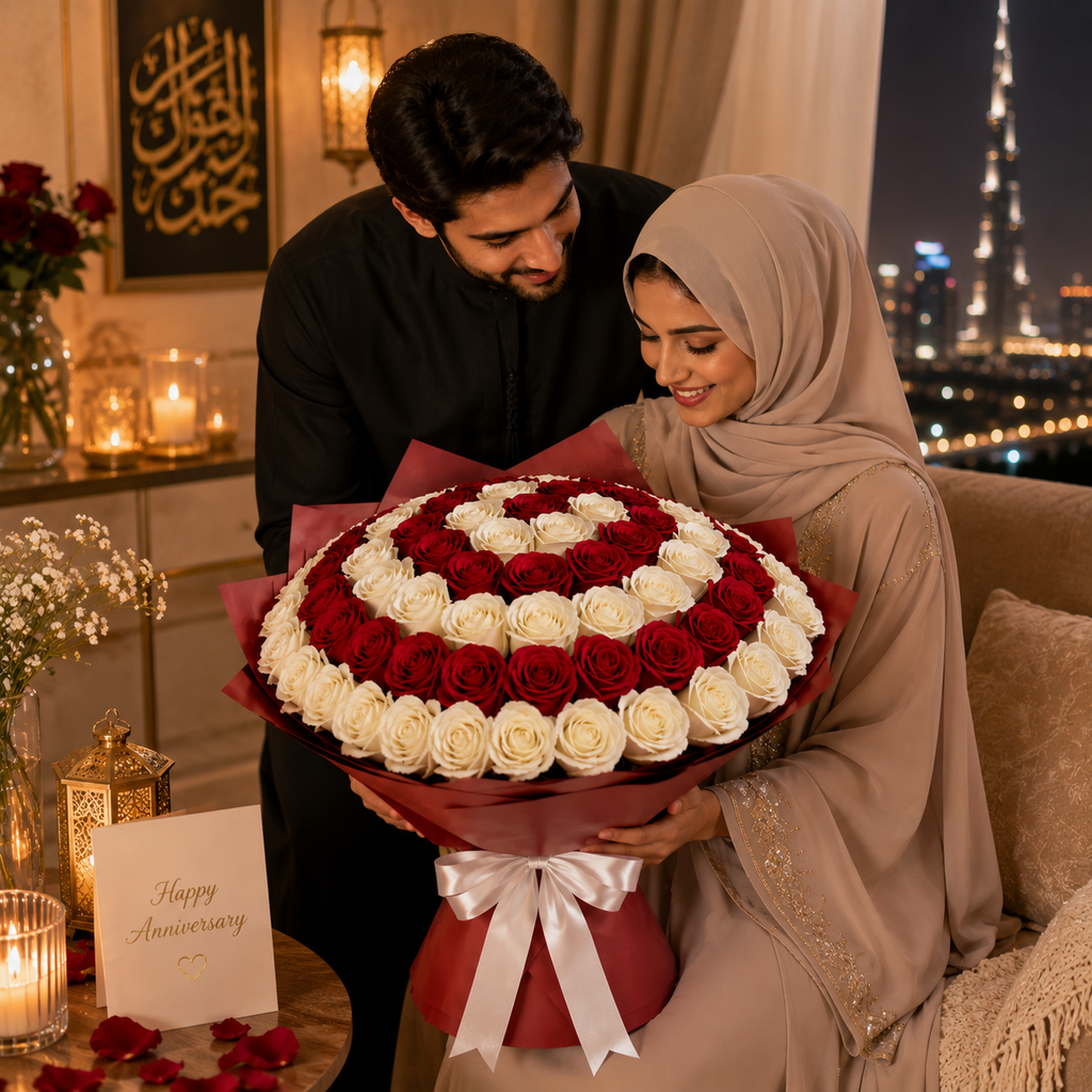 Sacred Love – White & Red Roses Anniversary Bouquet