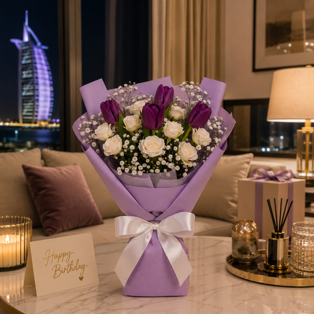 Lavender Dreams – Purple Tulips & White Roses Birthday Bouquet