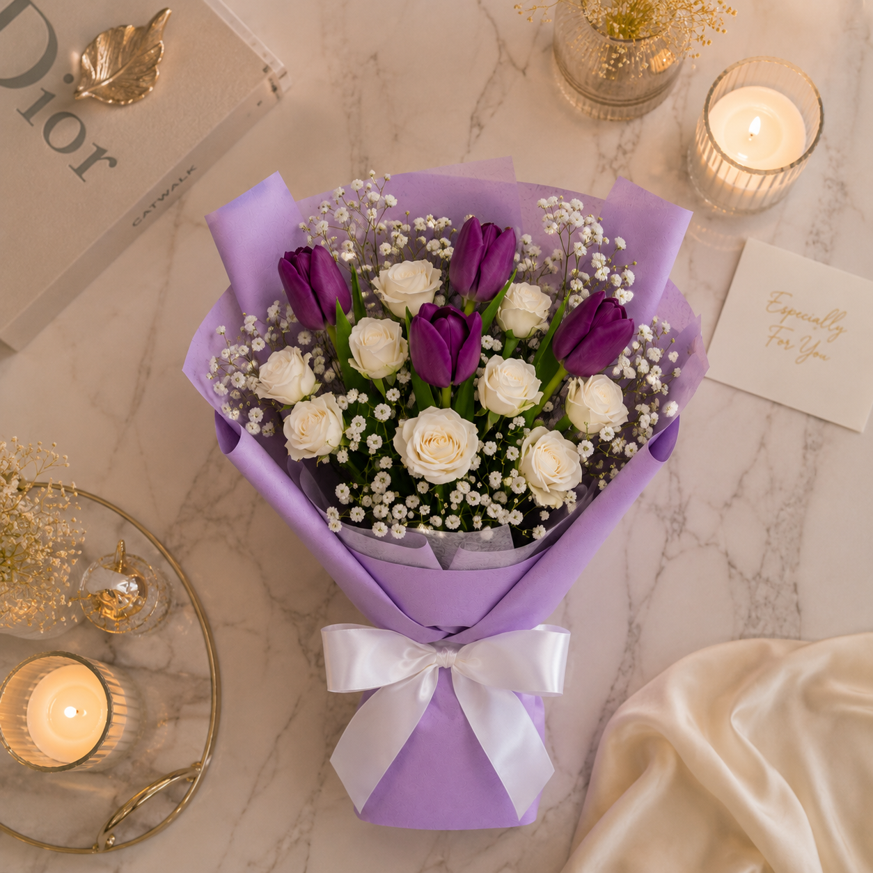 Lavender Dreams – Purple Tulips & White Roses Birthday Bouquet