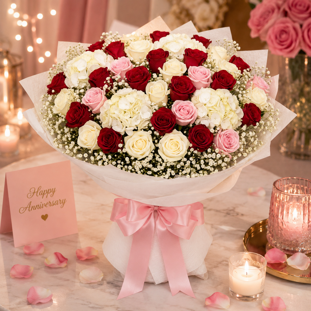 Sweet Devotion – Roses & Hydrangea Anniversary Bouquet