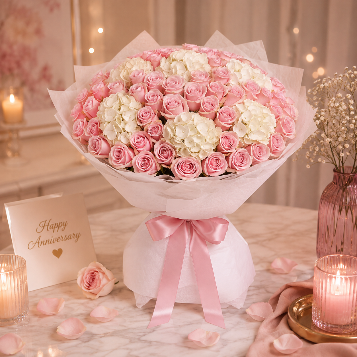 Everlasting Love – Roses and Hydrangea Anniversary Bouquet