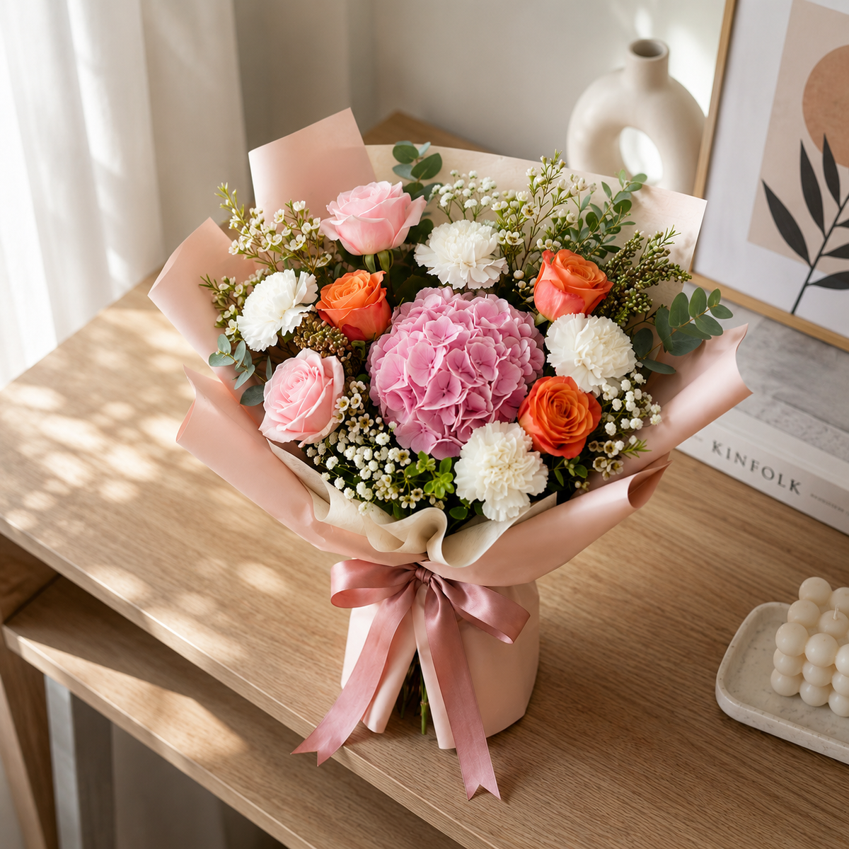 Teacher’s Day Pink & Orange Roses with White Carnations Bouquet – photo 2