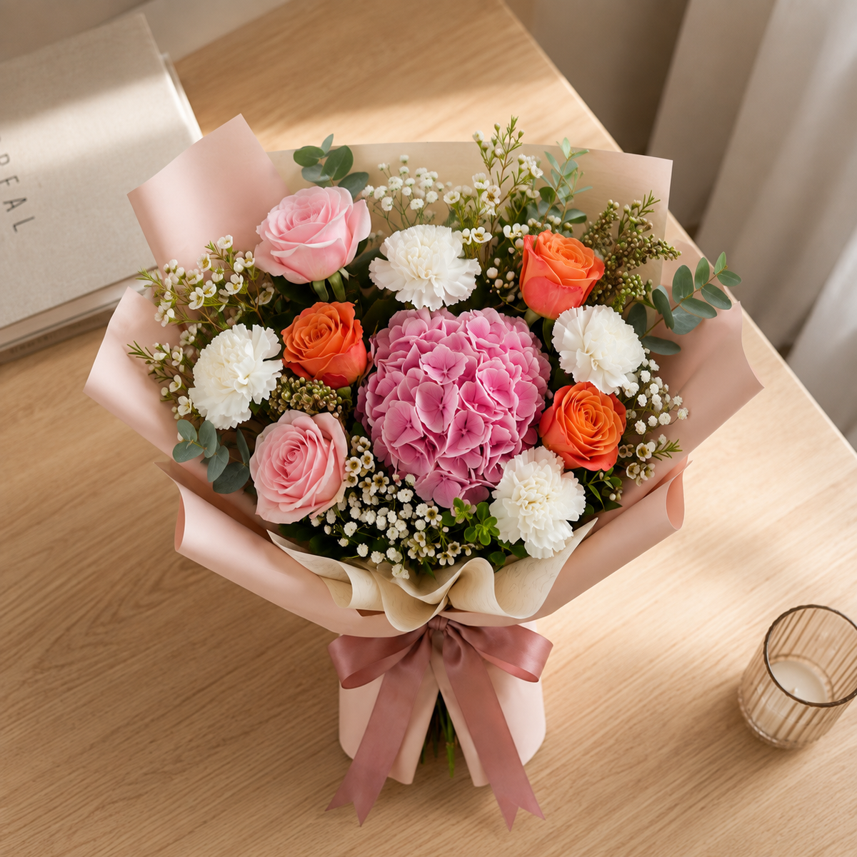 Teacher’s Day Pink & Orange Roses with White Carnations Bouquet – photo 4