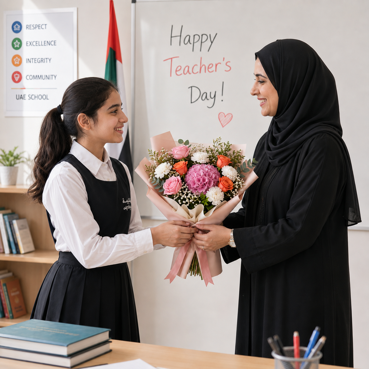 Teacher’s Day Pink & Orange Roses with White Carnations Bouquet – photo 3