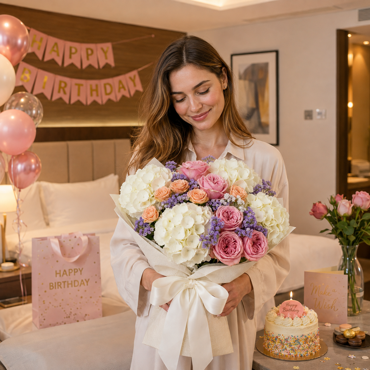 Sweet Whispers- Hydrangea & Roses Birthday Bouquet
