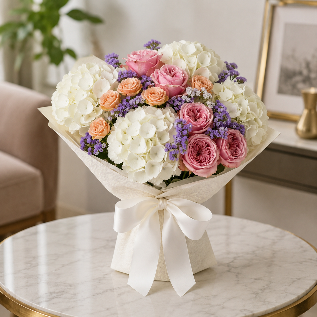 Sweet Whispers- Hydrangea & Roses Birthday Bouquet