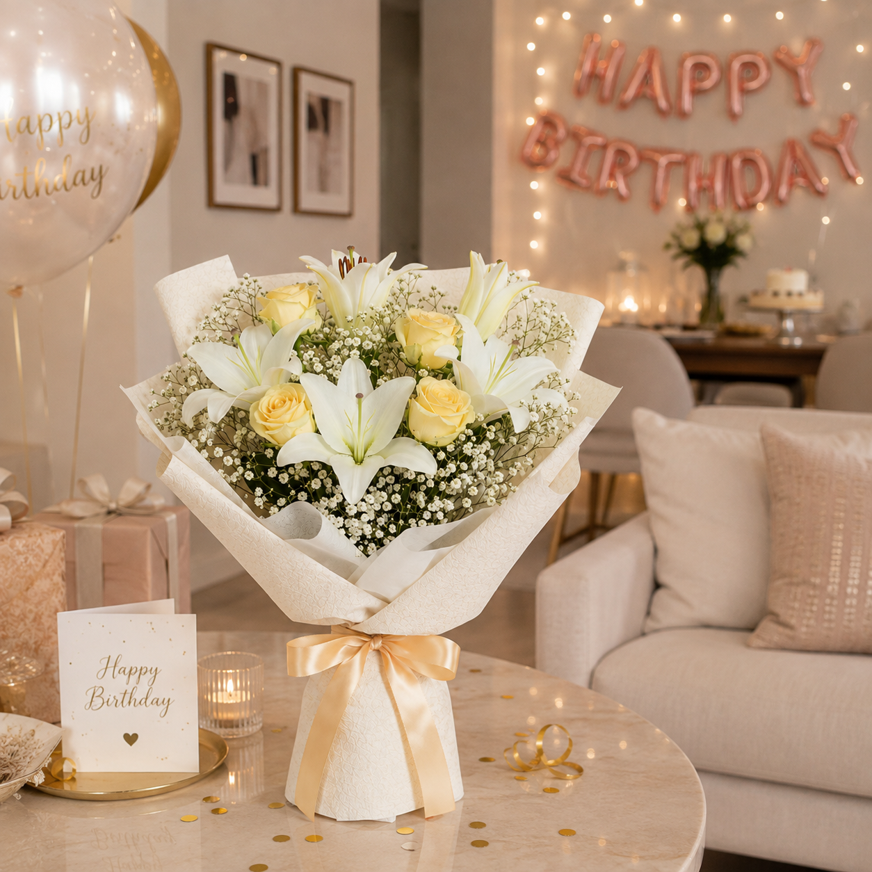 Bright Aura – Lilies & Roses Birthday Bouquet