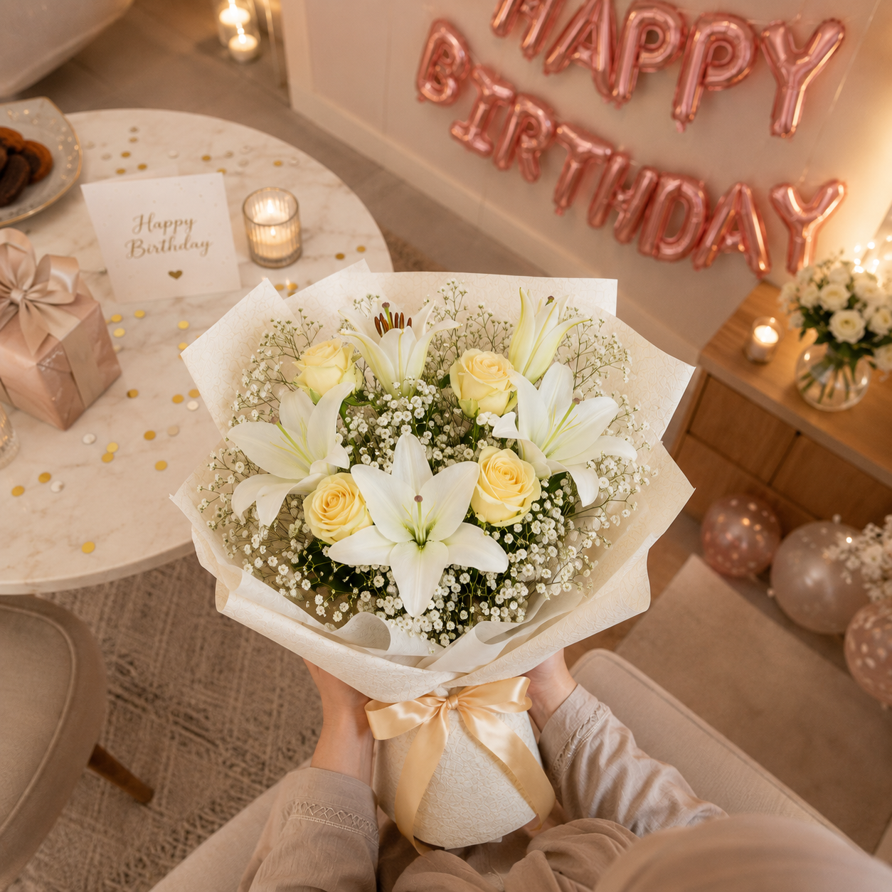 Bright Aura – Lilies & Roses Birthday Bouquet