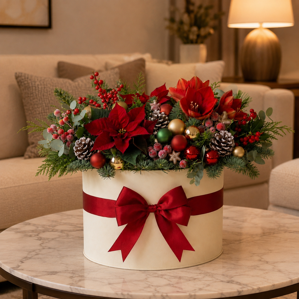 Snowy Christmas White Poinsettia Flower Box with Red Ribbon