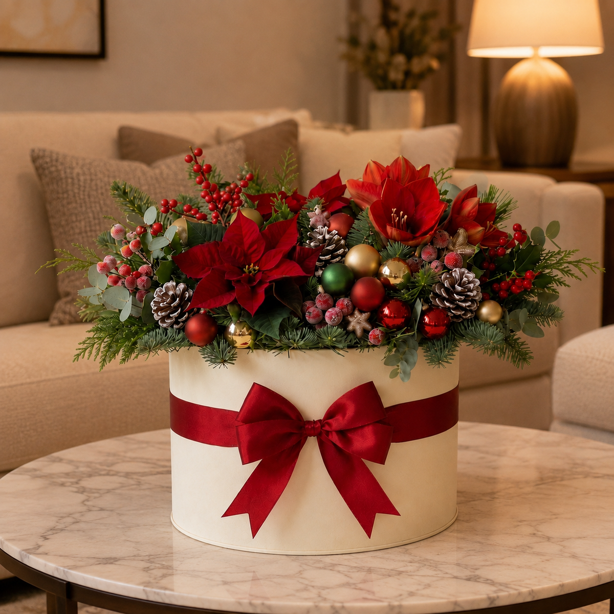 Snowy Christmas White Poinsettia Flower Box with Red Ribbon