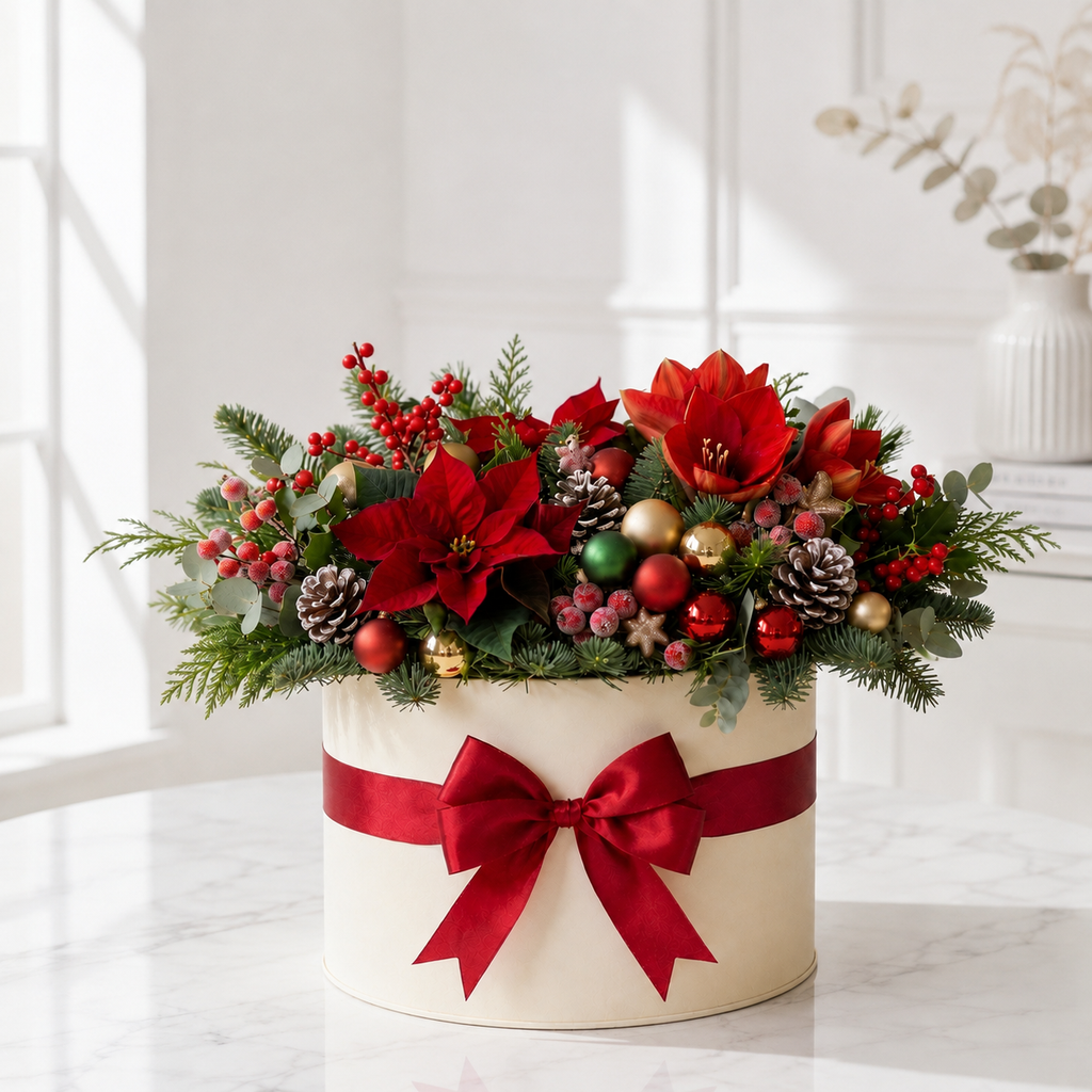 Snowy Christmas White Poinsettia Flower Box with Red Ribbon