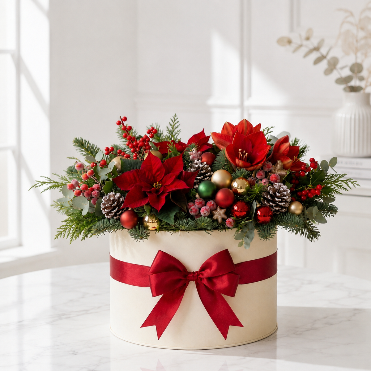 Snowy Christmas White Poinsettia Flower Box with Red Ribbon