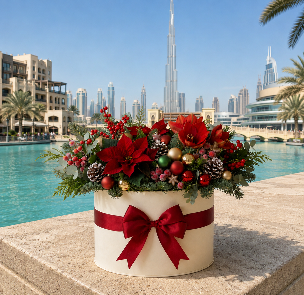 Snowy Christmas White Poinsettia Flower Box with Red Ribbon