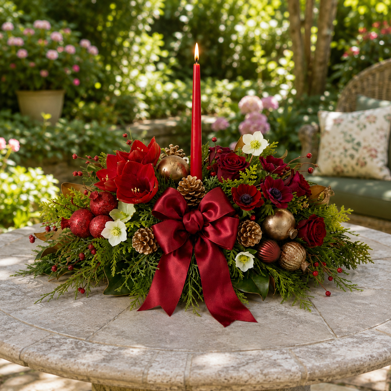Radiant Christmas Floral Arrangement with Red Taper Candle